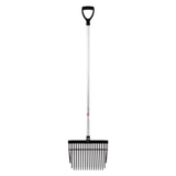 Shavings fork with black handle and rake on white background