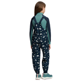 LeMieux AW26 Mini Pippin Splash Dungarees Varient Navy. A child shown from the back wearing navy blue overalls with a white polar bear print, a teal and navy long-sleeve top, and teal sneakers, against a plain white background.
