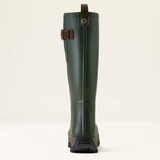 Green rain boot with brown accents on a white background