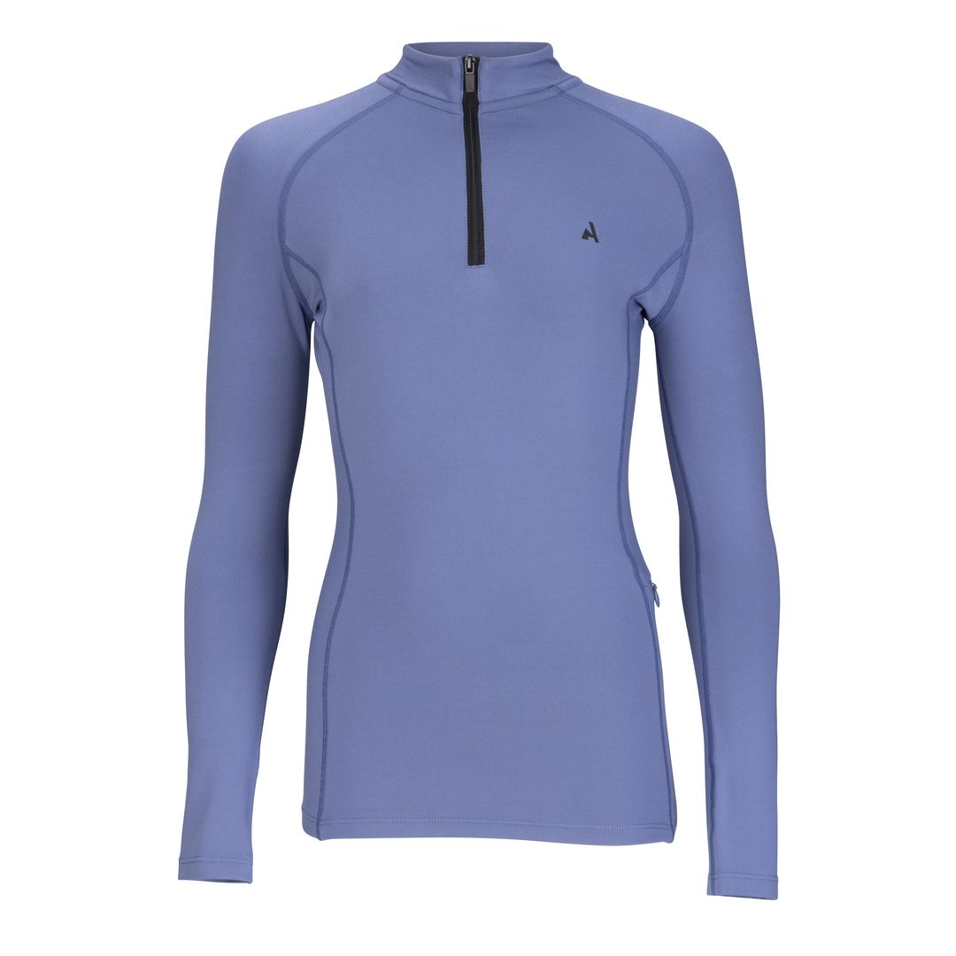 Blue long-sleeve base layer with a zipper on a white background