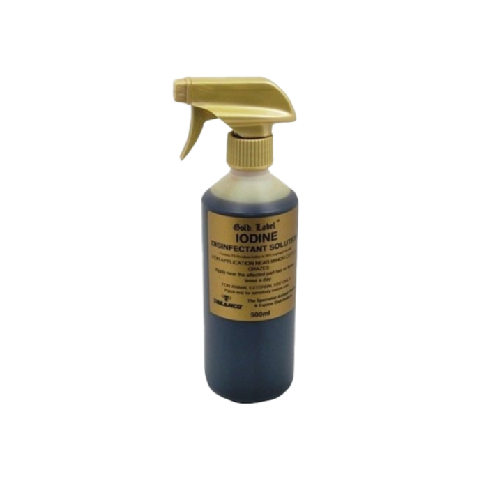 Gold Label Iodine Disinfectant Solution. Spray bottle with gold label on white background.
