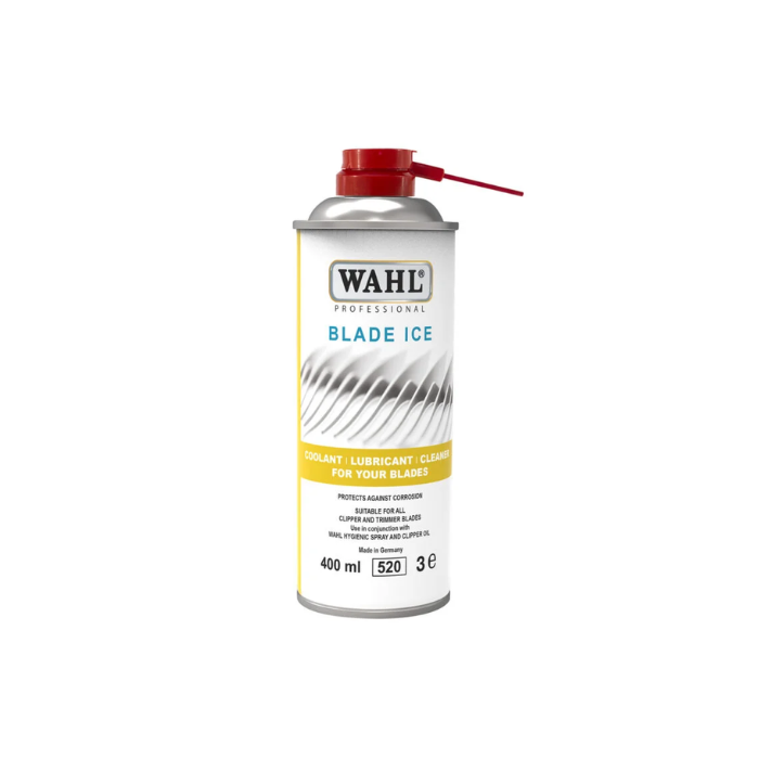 A can of Wahl Professional Blade Ice coolant, lubricant, and cleaner for blades, featuring a silver canister with a red spray nozzle and a yellow accent band on a white background.