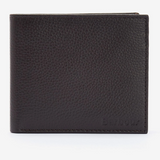 Brown leather wallet with 'Barbour' branding on a white background