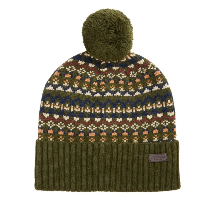 Barbour Marlow Fair Isle Pom Beanie Hat in Olive