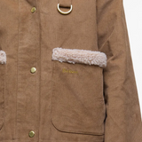 Brown corduroy Barbour jacket with shearling lining and gold buttons on a white background