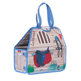 LeMieux AW26 Toy Pony Carry Bag Stable Varient Multi. Wooden style pony carry bag with blue piping and a blue handle. The bag has a fake window, saddle, bridle, grroming kit ad a rosette printed on the side.