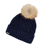 LeMieux AW26 Bernie Sequin Beanie Variant Colour Navy.
A navy blue cable-knit beanie hat featuring a fluffy tan faux-fur pom-pom on top and a small metal brand tag on the cuff, shown against a plain white background.