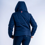 Blue puffer jacket with a hood on a white background