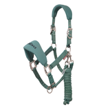 LeMieux AW26 Breakaway Vogue Headcollar & Leadrope Variant Colour Aloe.
A aloe green horse halter with silver metal hardware and a matching braided lead rope, shown against a plain white background.
