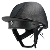 Black equestrian helmet with a brand logo on a white background