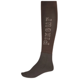 Pikeur Wool Knee Socks variant Chocolate. A single dark brown knee-high sock with the word 'PIKEUR' printed vertically in a light-colored, rhinestone-like font on the calf, shown against a plain white background.