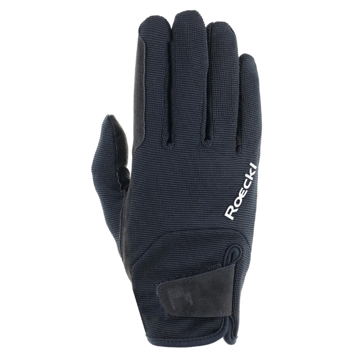 A single black glove with a white 'Roeckl' logo on the back of the hand, shown against a plain white background.