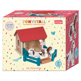Ponystall toy set packaging with horses and stable on a colourful background