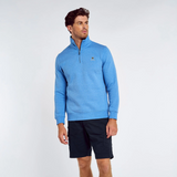 Man wearing a blue sweatshirt with a small logo on a white background