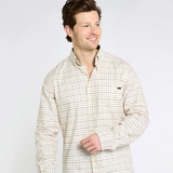 Man wearing a beige checkered shirt on a white background