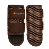 Pair of brown horse leg boots with Equilibrium branding on a white background