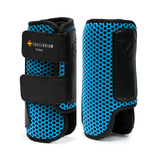 Pair of blue horse leg protective boots with Equilibrium branding on a white background