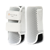 Pair of white horse leg protective boots with Equilibrium branding on a white background