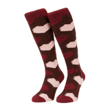 LeMieux AW26 Heart Fluffies Socks Variant Colour Bramble.
A pair of knee-high fuzzy socks with a camouflage pattern in bramble, burgundy red, and light pink, shown against a plain white background.