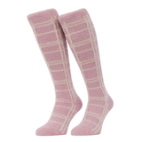 LeMieux AW26 Heritage Check Fluffies Variant Colour Wild Rose.
A pair of pink knit socks with a cream-colored windowpane plaid pattern, shown against a plain white background.