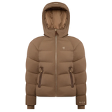 Brown puffer jacket with a hood on a white background