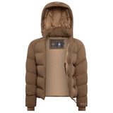 Brown puffer jacket unzipped on a white background