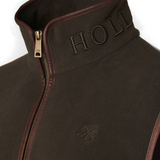 Khaki gilet with leather trim and 'Holland Cooper' branding on a white background