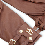 Brown leather glove with gold buckle and logo on a white background