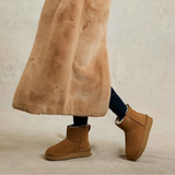 Person wearing brown fur-lined suede boots and a long brown coat on a neutral background