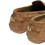 Pair of brown suede shoes with gold accents on a white background