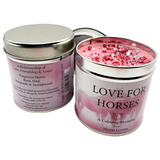 Two pots 'Love for Horses' candle pink colour with lid and with out lid on white background