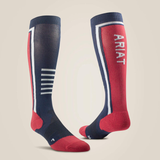 Red and navy blue socks with white accents on a beige background