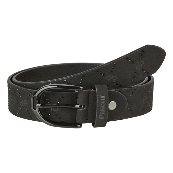 Black leather belt with a silver buckle on a white background