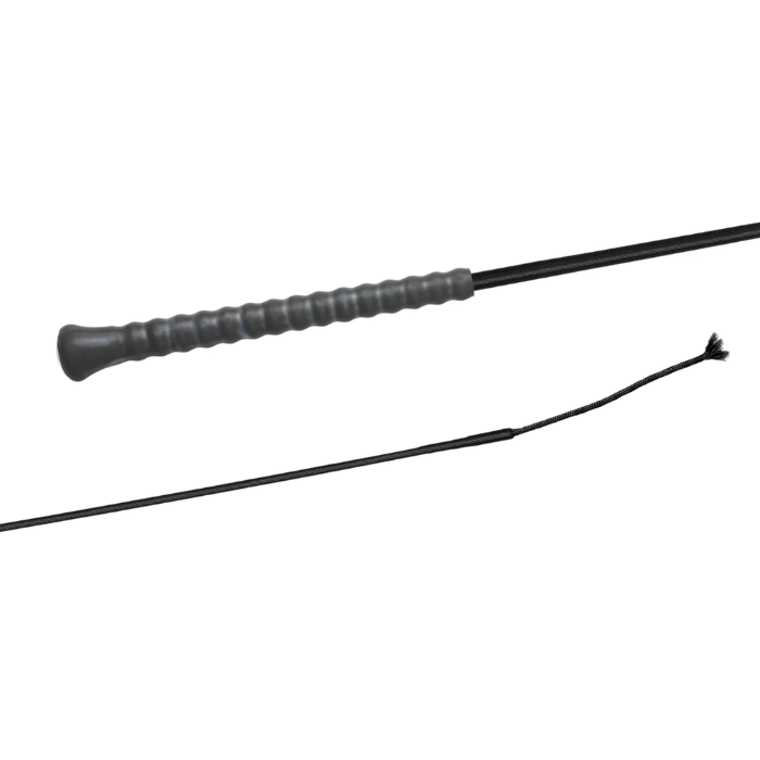 Black riding crop with a white background