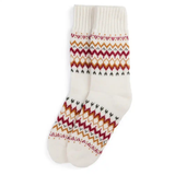 Pair of white socks with colorful pattern on a white background