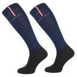 Pair of navy knee-high socks with black toes and red and white accents on a white background
