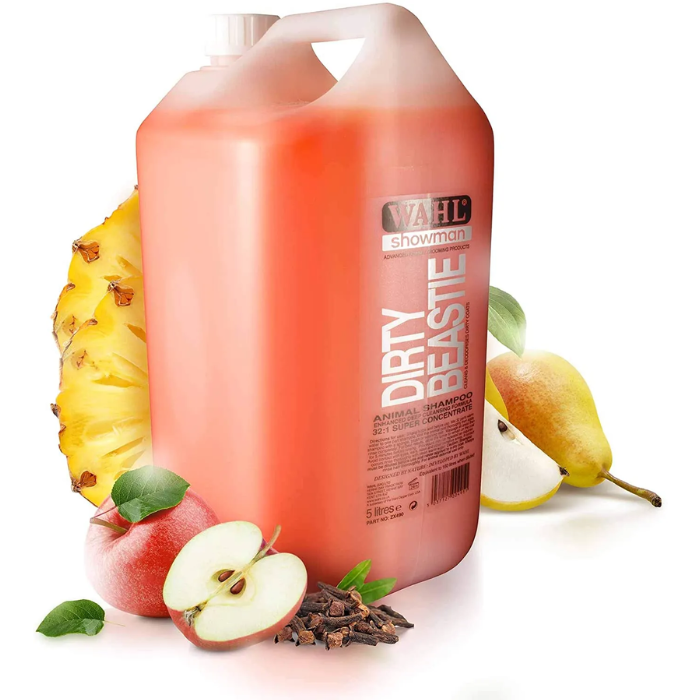 Tub of animal shampoo by Wahl with fruit around on white background