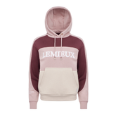 LeMieux AW26 Kadie Colour Block Hoodie Varient Wild Rose. A colorblock pullover hoodie with a dusty pink hood and sleeves, a dark burgundy chest panel, and a cream kangaroo pocket. The word 'LEMIEUX' is printed in white arched letters across the chest.