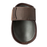 Brown protective horse boot with a strap on a white background