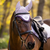 Horse wearing a protective hood with ears in an outdoor setting