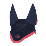 Navy and cranberry red horse ear bonnet with LeMieux logo on a white background