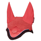 Cranberry red horse ear bonnet with textured pattern on a white background