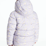 Lilac puffer jacket with yellow lemon and pony pattern on a white background