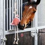 Horse looking at a pink flamingo-shaped toy hanging from a stable door.