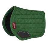 Green quilted saddle pad with a visible brand logo on a white background
