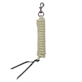Beige and green braided rope with a black strap and metal clip on a white background