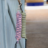 Two braided ropes, one pink and one green, hanging on a metal surface.
