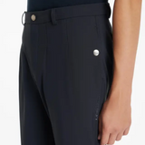 Navy blue breeches with a button detail on a white background