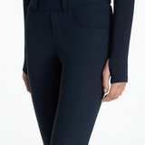 Dark blue riding leggings with a fitted waistband on a white background