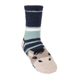LeMieux AW26 Mini Fluffy Character Socks Oakie Variant Colour Multi.
A single plush fleece sock with a horse design, featuring navy blue and mint green stripes with a beige horse face on the foot.